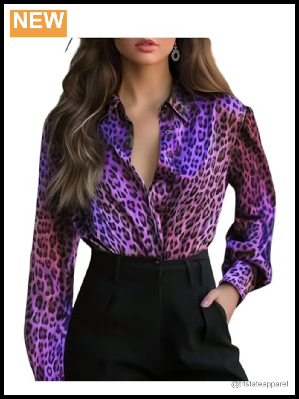 V Neck Button Down Satin Animal Print Blouse Long Sleeve